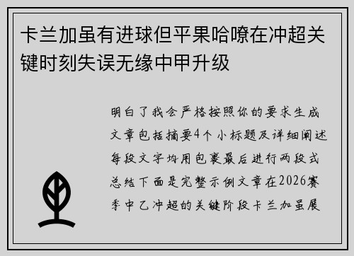 卡兰加虽有进球但平果哈嘹在冲超关键时刻失误无缘中甲升级