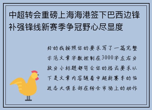 中超转会重磅上海海港签下巴西边锋补强锋线新赛季争冠野心尽显度